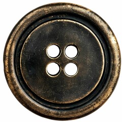 Close-up detail of a rustic black wooden button with four holes. Revealing the natural wood grain texture and vintage look.