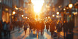© S.JR Stocker - A blurred background of people walking in a city center during sunset, with a focus on the bokeh effect.