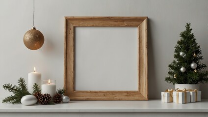 Blank picture frame mockup on white wall. Stylish Christmas decoration in modern interior design with artwork mock up. Merry Christmas and Happy Holidaysv