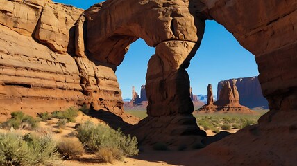 digital illustration depicting a desert landscape with towering rock formations, cartoonish with smooth lines and vibrant colors features two prominent, tall, and narrow rock pillars in the foreground