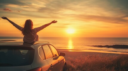 A woman sits on the roof of her car with arms outstretched, enjoying the sunset over the ocean.