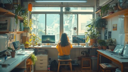 Poster - Woman Working at Desk Surrounded by Plants in Bright Urban Room During Daytime