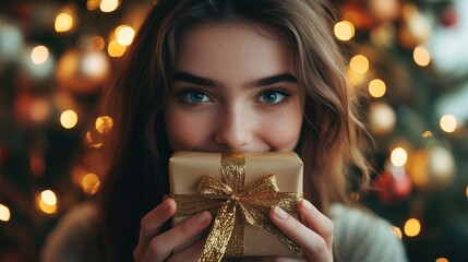 Joyful Young Woman Holding Christmas Gift Under Twinkling Lights