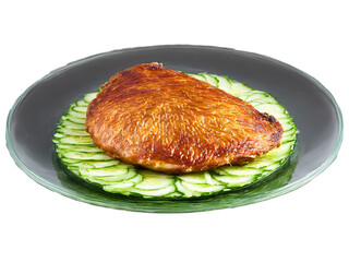 Wall Mural - Peking duck sliced with crispy skin cucumber and scallions on a round transparent glass plate