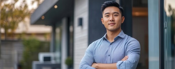 Confident young man standing with arms crossed in front of a modern building, representing success and professionalism.