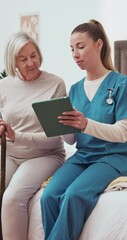 Sticker - Tablet, bedroom and nurse with senior woman for results, healthcare and online medical service. Retirement, nursing home and caregiver with patient on digital tech for help, support and consulting