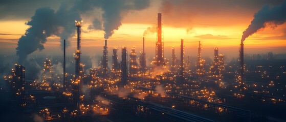 Poster - Dramatic sunset skyline with towering petrochemical refinery processing plant transforming crude oil into valuable chemical and fuel products through industrial processing and manufacturing