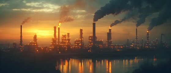 Poster - Dramatic sunset overlooking a sprawling petrochemical refinery complex with towering smoke stacks and pipes highlighting the industrial process of extracting valuable components from crude oil