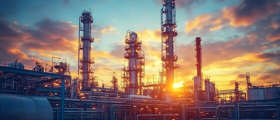 Poster - Aerial View of a Sprawling Petrochemical Refining Plant at Sunset Highlighting the Intricate Process of Converting Crude Oil into Diverse Chemical Products for Various Industries