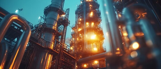 Poster - Majestic petrochemical refinery illuminated at night showcasing the impressive scale and intensity of industrial processing and purification of oil gas and other petrochemical products