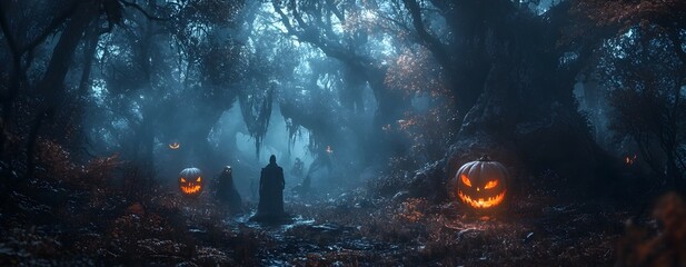 Haunting Halloween Encounter in Enigmatic Enchanted Forest Landscape   Spooky video game characters and pumpkins in a dark mysterious woodland setting with eerie atmosphere and ominous mood