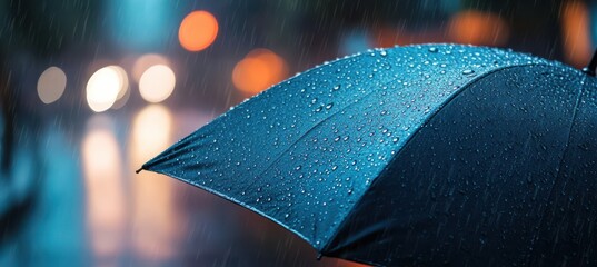 close-up of umbrella in rain with blurred background