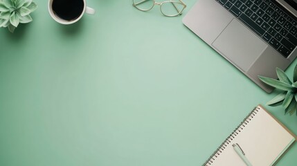 Canvas Print - Minimalist Workspace: Laptop, Coffee, and Plants on a Green Desk