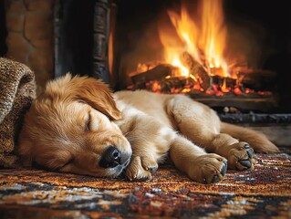 furry puppy napping by a crackling fireplace, symbolizing the warmth of home, cozy setting, warmbloo