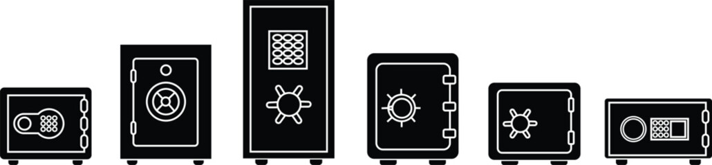 Poster - Safe Deposit Box Icons Set. Closed safe and object that are stored in it such as money and security. Strongbox lock Vectors sign in flat style. Peter symbol or logo isolated on transparent background.