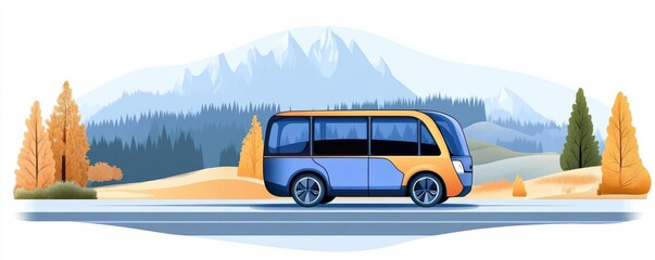 Revolutionary transportation, flat design, side view, autonomous vehicles theme, animation, Complementary Color Scheme