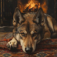 Hound with wolflike features curled up on a rug by a fireplace, blending domestic and wild traits, housepet, wolf ancestry