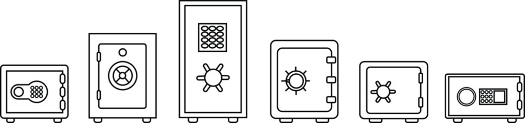 Poster - Safe Deposit Box Icons Set. Closed safe and objects that are stored in it such as money and security. Strongbox lock Vectors signs in outline styles. Peter symbols isolated on transparent background.