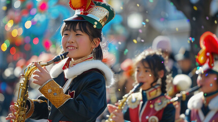 Young girl playing saxophone in a parade