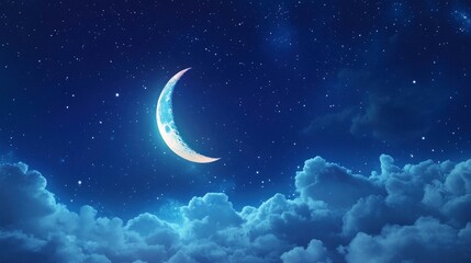 banner of bright glowing crescent moon above fluffy clouds with starry sky background with generativ