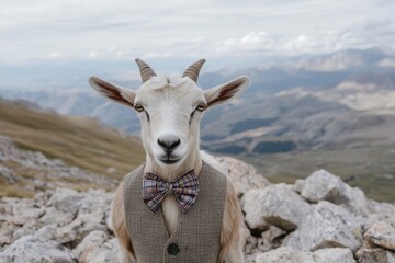 Wall Mural - Dapper Goat: A goat in a bow tie and vest, standing on a rocky mountain path.