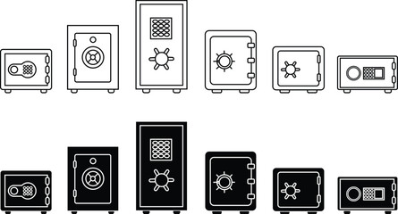 Poster - Safe Deposit Box Icons Set. Closed safe and objects that are stored in it such as money and security. Strongbox lock Vectors sign in flat, line styles. Peter symbol isolated on transparent background.
