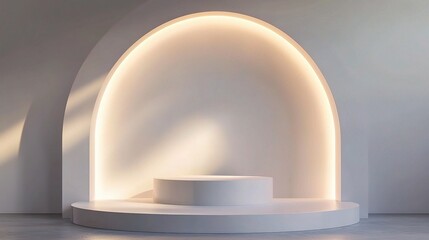 Wall Mural - Minimalist Product Display:  A sleek, modern, white podium illuminated by warm light. 