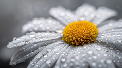  A macro shot of a white and yellow bloom, adorned with water droplets on its petals and at the flower's core