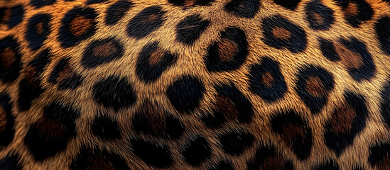 Wall Mural - The close-up features a vibrant, textured pattern of a leopard's fur, showcasing the distinct rosettes and rich colors of its coat.