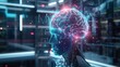 © kinara art design - Futuristic humanoid robot profile shows a glowing holographic brain with digital data overlays in a high-tech laboratory.