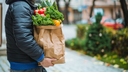 A person holds a brown paper bag overflowing with fresh vegetables and fruits while walking on a sidewalk in a lively urban area, enjoying the convenience of grocery delivery