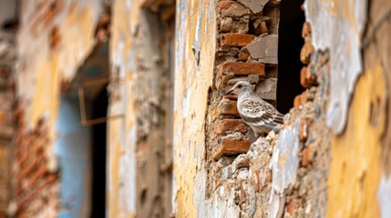  A bird sits on a weathered wall crack of an aging building, its peeling and chipped paint bearing testament to time's passage