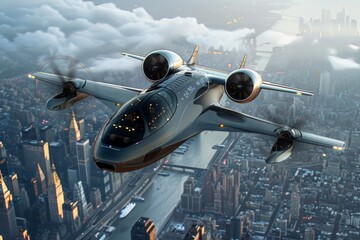 Wall Mural - A modern flying car navigates a rainy street, highlighting innovative design and futuristic transportation in a bustling city, A vertical take-off and landing aircraft providing 