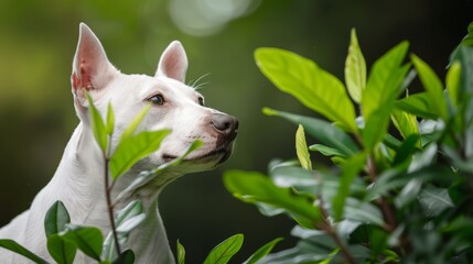 Wall Mural -  A tight shot of a dog against a backdrop of a bush in the foreground and a tree with leafy background