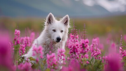 Wall Mural -  A close-up of a dog in a field of flowers with a mountain in the background