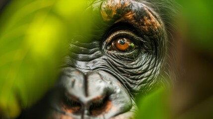 Poster -  A tight shot of a monkey's face with a nearby green leaf in sharp focus and an indistinct background