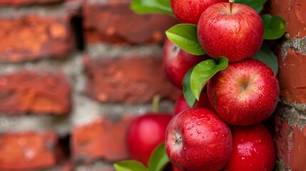  Red apples hang from one brick wall Green leaves grow on an adjacent brick wall