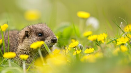 Wall Mural -  A tight shot of a small creature in a meadow surrounded by tall grasses and yellow flowers in the front