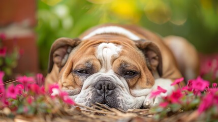 Wall Mural -  A tight shot of a dog reclining in a flower-filled field, its head gently touching the earth