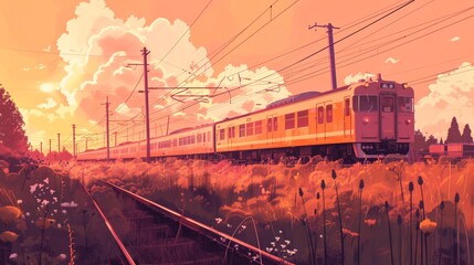 Aufkleber - Distant train in Art Deco style with Pantone Peach Fuzz tones in the background.