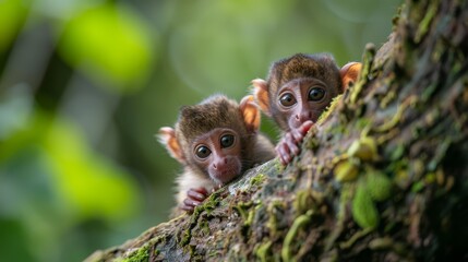 Poster -  Two small monkeys on tree branch beside a verdant trunk Tree surrounded by indistinct backdrop