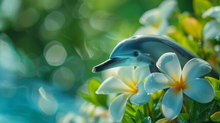  A dolphin atop a floating flower, near a tranquil body of water teeming with white blooms in the foreground