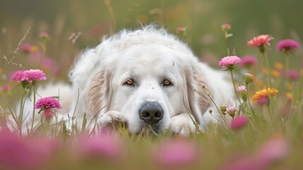 a tight shot of a dog reclining in a flower-filled meadow, its head gently touching the earth