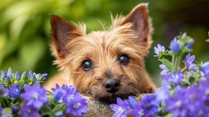  A tight shot of a dog, blue flowers in the foreground, background softly blurred