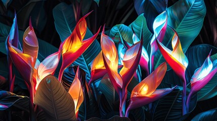 Poster - Striking background with softly glowing heliconia flowers casting gentle light on a dark canvas.