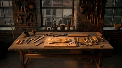 Workshop scene with various woodworking tools