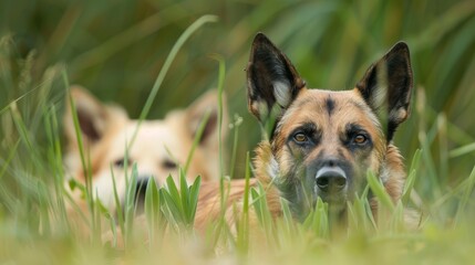  A tight shot of a dog in a lush grass field, gazing intently at the camera Another dog is seen in the distance, also looking towards the lens