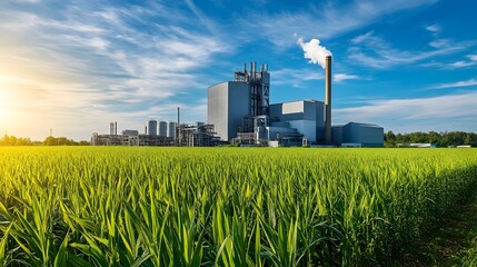Poster - modern biomass power plant generating clean energy from organic materials in a lush rural landscape