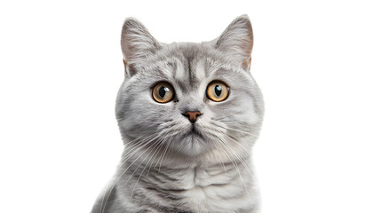 Portrait of a silver tabby british shorthair cat looking at the camera isolated on a white background