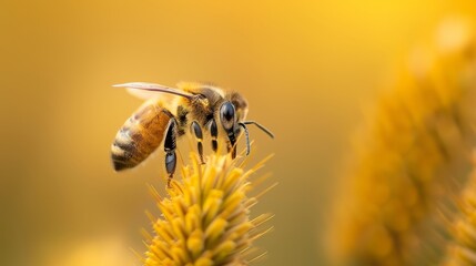  A tight shot of a bee hovering over yellow blooms, background softly blurred